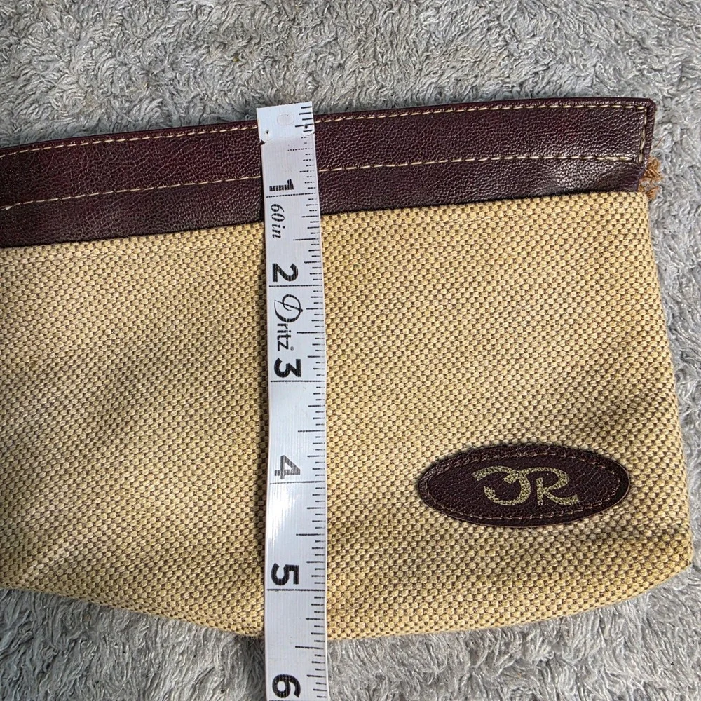 VINTAGE Oscar de la Renta‎ Cosmetic Pouch Beige Burgundy Canvas Zip Bag Small